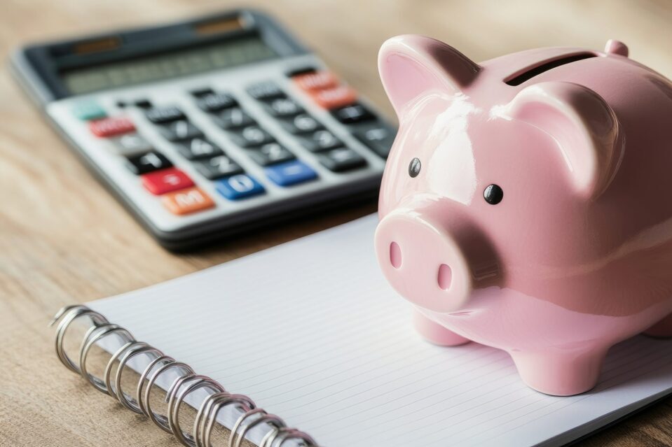 A pink piggy bank sitting next to a calculator and notebook, illustrating budgeting and personal financial planning