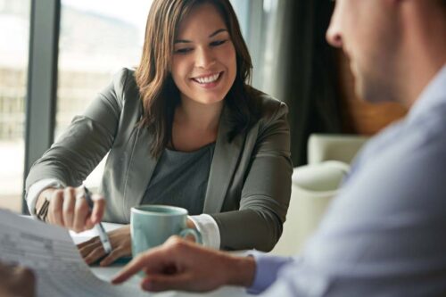 Documents, meeting and business people planning on spreadsheet, data analysis and statistics report for budget. Professional woman, accountant partner or clients for paperwork, profit or taxes advice.