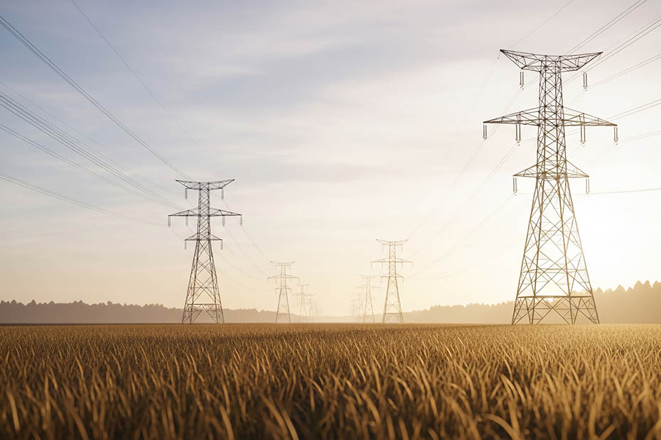 Power transmission lines and tall electricity pylons standing in